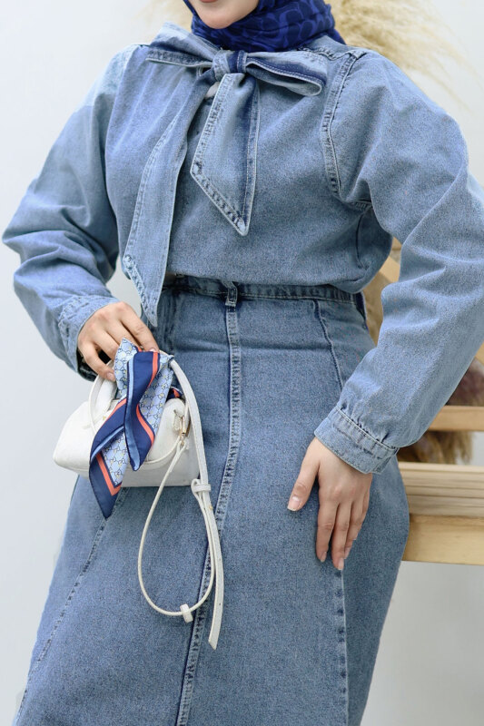 Yakası Bağlamalı Etekli Kot Takım TSD260135 Açık Mavi - 4