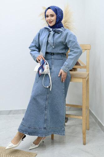 Yakası Bağlamalı Etekli Kot Takım TSD260135 Açık Mavi - 5