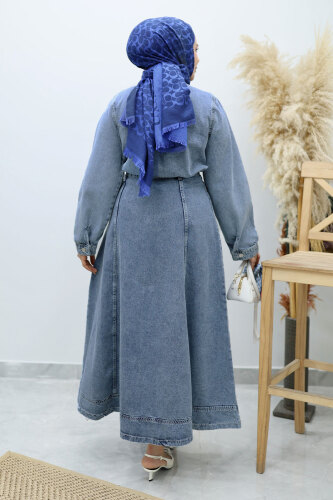 Yakası Bağlamalı Etekli Kot Takım TSD260135 Açık Mavi - 6