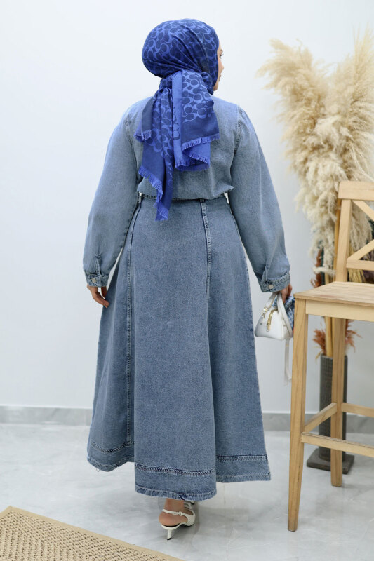 Yakası Bağlamalı Etekli Kot Takım TSD260135 Açık Mavi - 6
