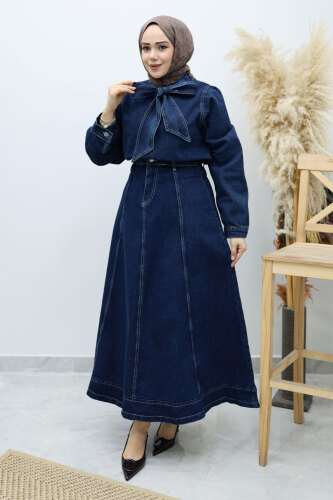 Yakası Bağlamalı Etekli Kot Takım TSD260135 Koyu Mavi 