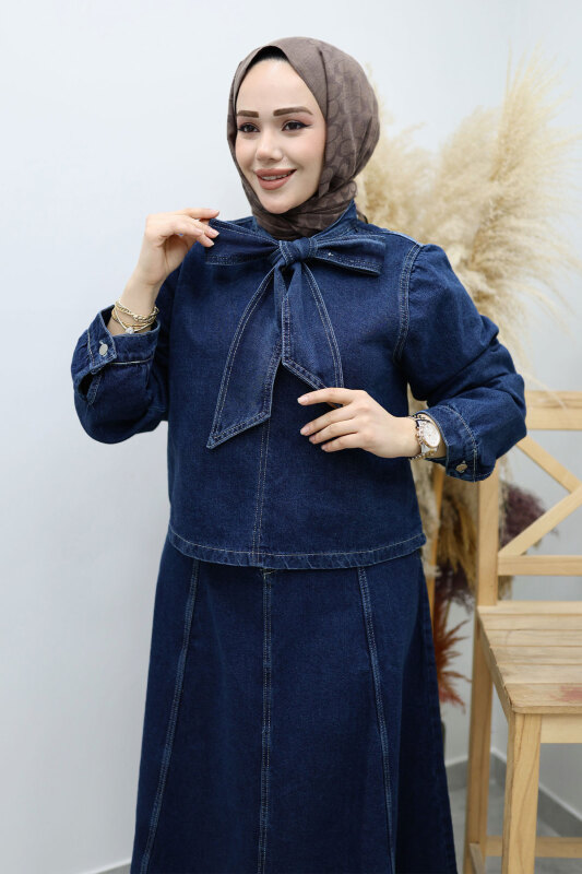 Yakası Bağlamalı Etekli Kot Takım TSD260135 Koyu Mavi - Tesettür Dünyası (1)