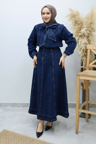 Yakası Bağlamalı Etekli Kot Takım TSD260135 Koyu Mavi - 3