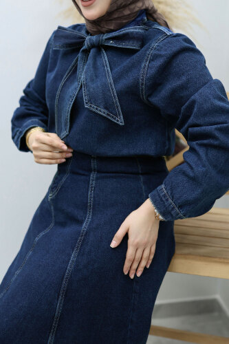 Yakası Bağlamalı Etekli Kot Takım TSD260135 Koyu Mavi - 4