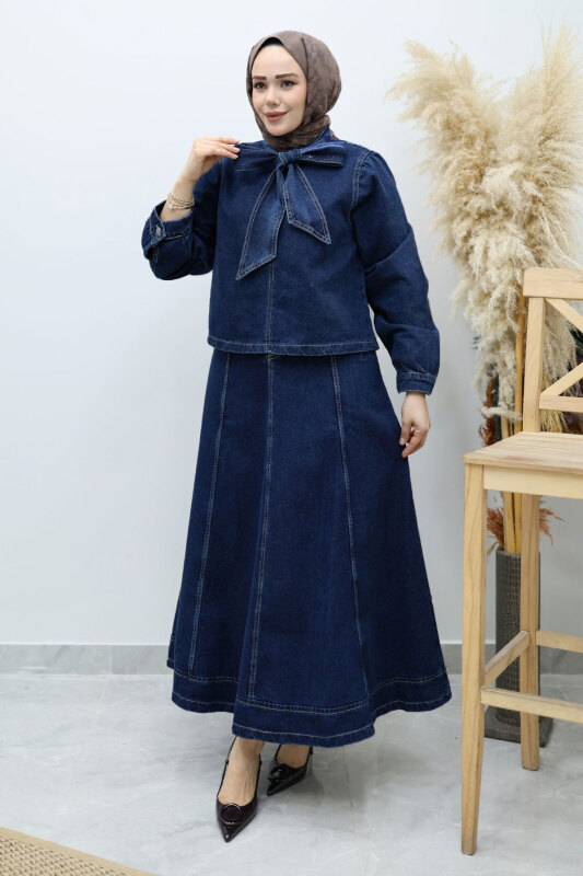 Yakası Bağlamalı Etekli Kot Takım TSD260135 Koyu Mavi - 5
