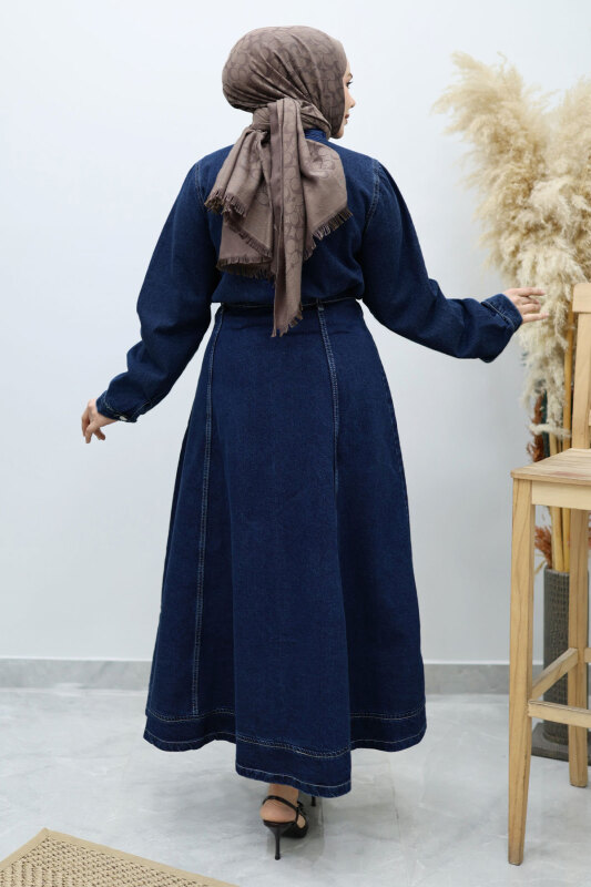 Yakası Bağlamalı Etekli Kot Takım TSD260135 Koyu Mavi - 6