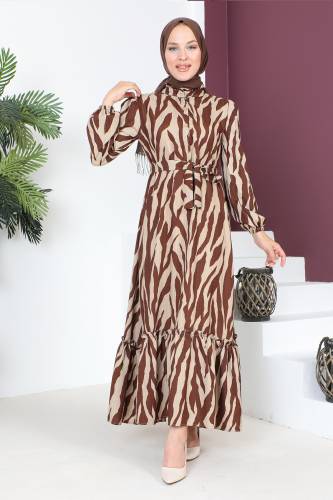 Yakası Fırfırlı Zebra Desenli Elbise TSD230725 Kahverengi 