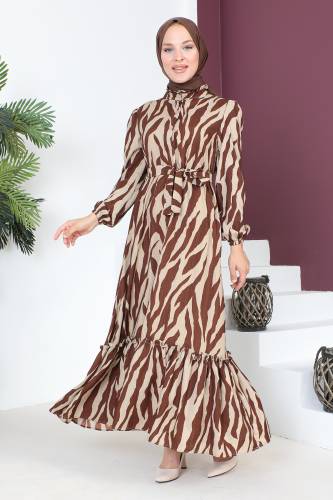 Yakası Fırfırlı Zebra Desenli Elbise TSD230725 Kahverengi - 3