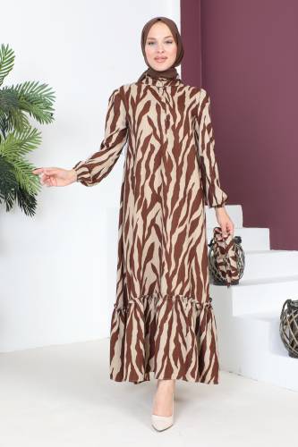 Yakası Fırfırlı Zebra Desenli Elbise TSD230725 Kahverengi - 4