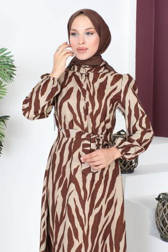 Yakası Fırfırlı Zebra Desenli Elbise TSD230725 Kahverengi - 2