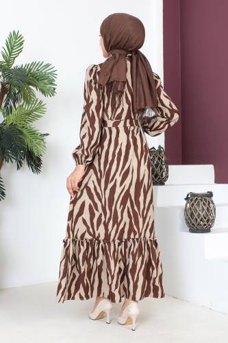 Yakası Fırfırlı Zebra Desenli Elbise TSD230725 Kahverengi - 5