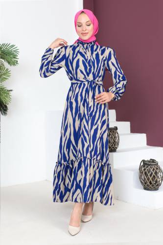Yakası Fırfırlı Zebra Desenli Elbise TSD230725 Mavi - 1
