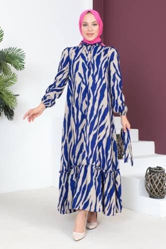 Yakası Fırfırlı Zebra Desenli Elbise TSD230725 Mavi - 3