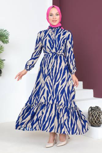 Yakası Fırfırlı Zebra Desenli Elbise TSD230725 Mavi - 4