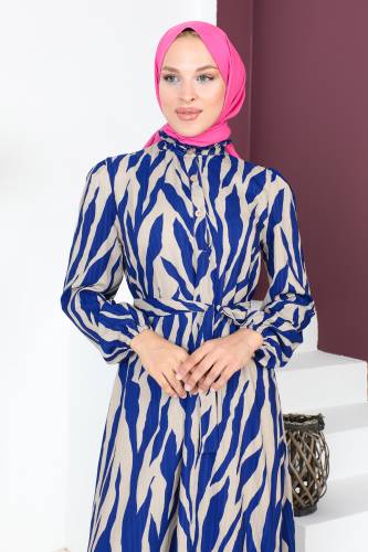 Yakası Fırfırlı Zebra Desenli Elbise TSD230725 Mavi - 2