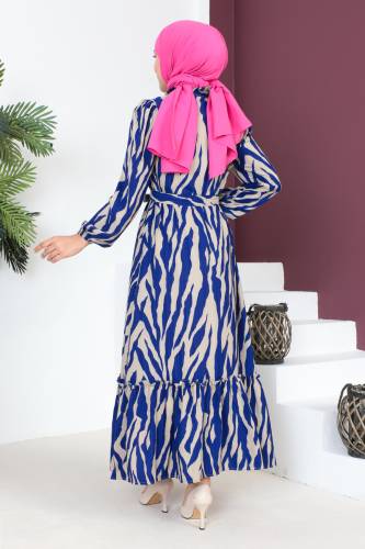 Yakası Fırfırlı Zebra Desenli Elbise TSD230725 Mavi - 5