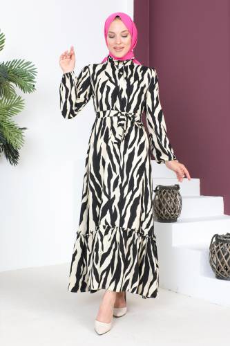 Yakası Fırfırlı Zebra Desenli Elbise TSD230725 Siyah - 4