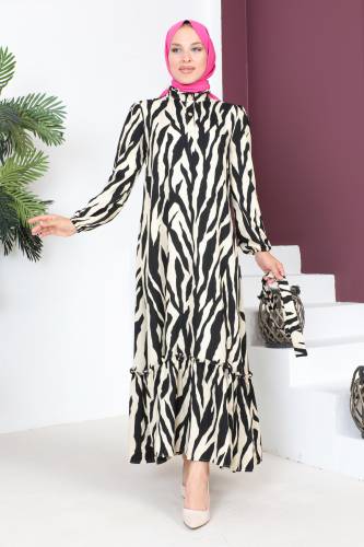 Yakası Fırfırlı Zebra Desenli Elbise TSD230725 Siyah - 3