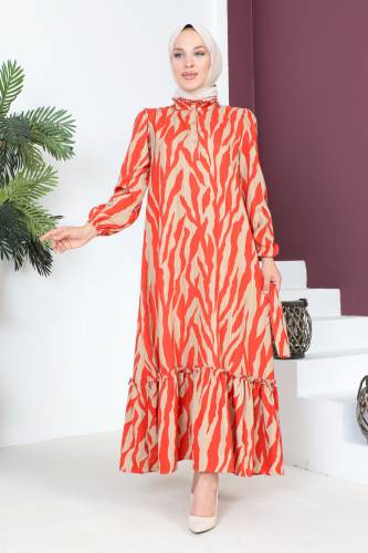 Yakası Fırfırlı Zebra Desenli Elbise TSD230725 Turuncu - 3