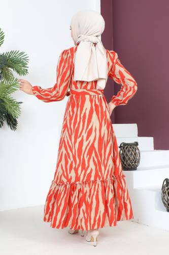 Yakası Fırfırlı Zebra Desenli Elbise TSD230725 Turuncu - 5