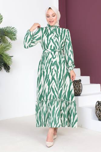 Yakası Fırfırlı Zebra Desenli Elbise TSD230725 Yeşil - 1