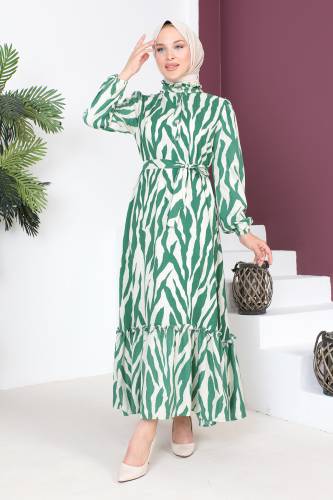 Yakası Fırfırlı Zebra Desenli Elbise TSD230725 Yeşil - 4