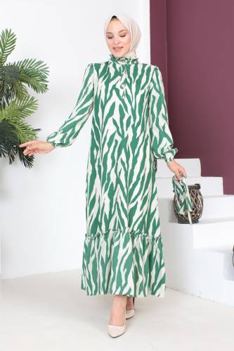 Yakası Fırfırlı Zebra Desenli Elbise TSD230725 Yeşil - 3