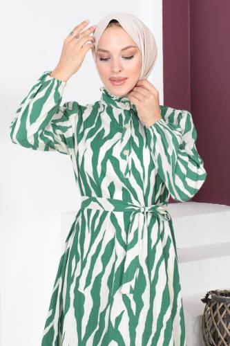 Yakası Fırfırlı Zebra Desenli Elbise TSD230725 Yeşil - 2