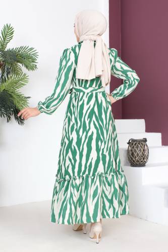 Yakası Fırfırlı Zebra Desenli Elbise TSD230725 Yeşil - 5