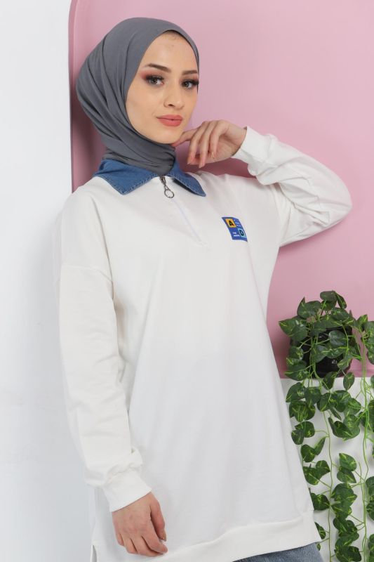 Yakası Kot Detaylı Sweatshirt TSD220415 Beyaz - 2