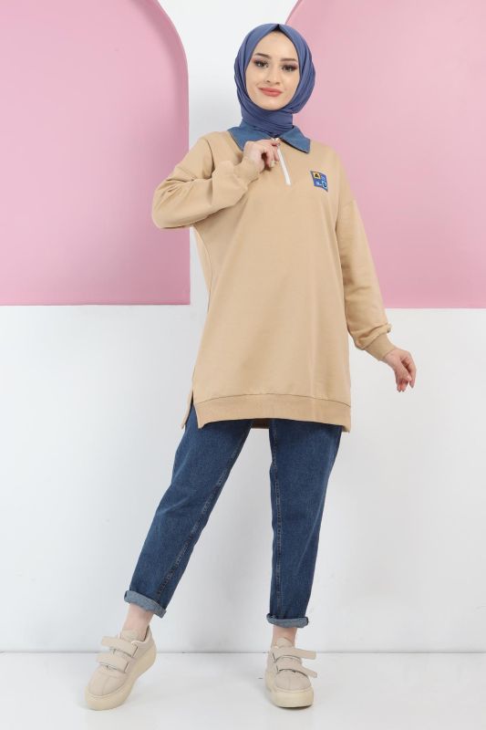 Yakası Kot Detaylı Sweatshirt TSD220415 Camel - 3