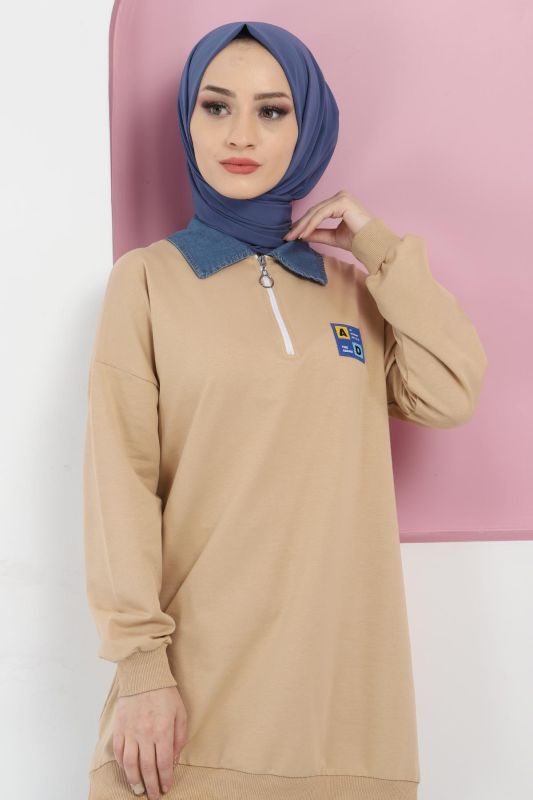 Yakası Kot Detaylı Sweatshirt TSD220415 Camel - 1