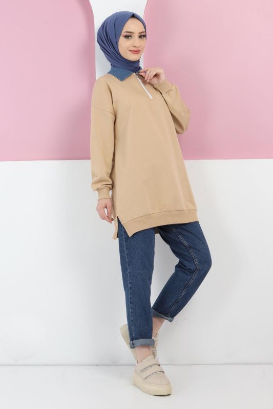 Yakası Kot Detaylı Sweatshirt TSD220415 Camel - 2