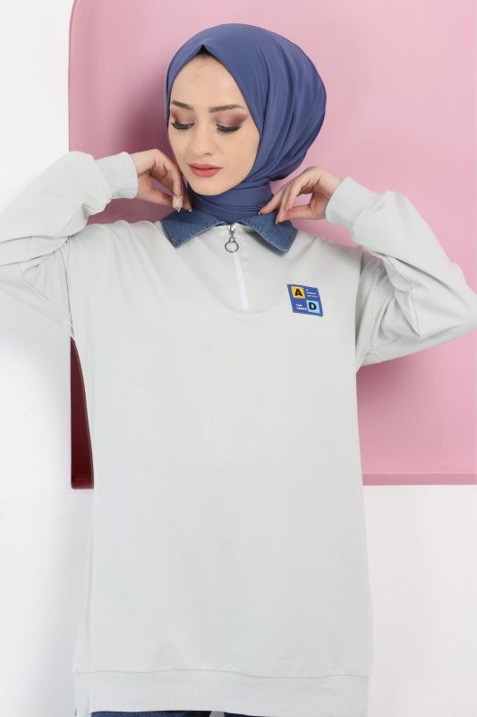 Yakası Kot Detaylı Sweatshirt TSD220415 Gri - 1