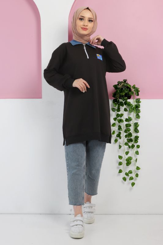 Yakası Kot Detaylı Sweatshirt TSD220415 Siyah - 2