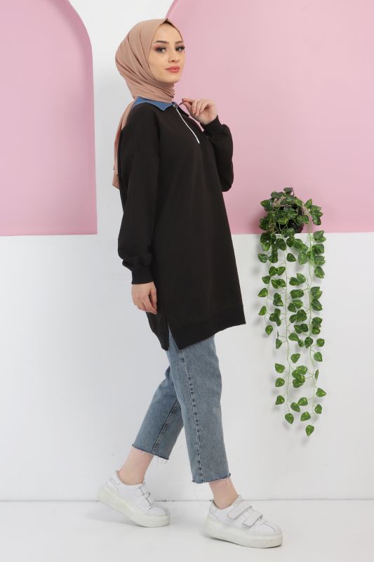 Yakası Kot Detaylı Sweatshirt TSD220415 Siyah - 3