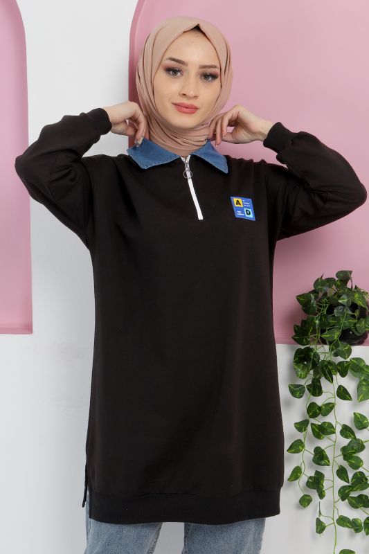 Yakası Kot Detaylı Sweatshirt TSD220415 Siyah - 1