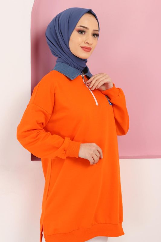 Yakası Kot Detaylı Sweatshirt TSD220415 Turuncu - 2