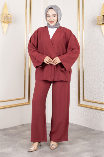 Yan Bağlamalı Kimono Takım TSD250200 Bordo - 4