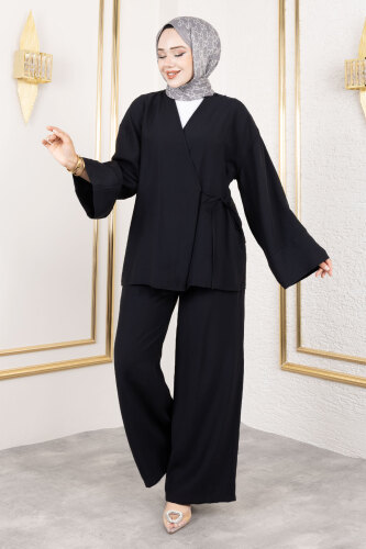 Yan Bağlamalı Kimono Takım TSD250200 Siyah - 4