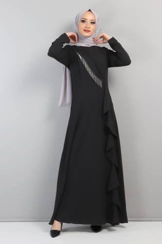 Yandan Fırfırlı Elbise TSD220435 Siyah - 1