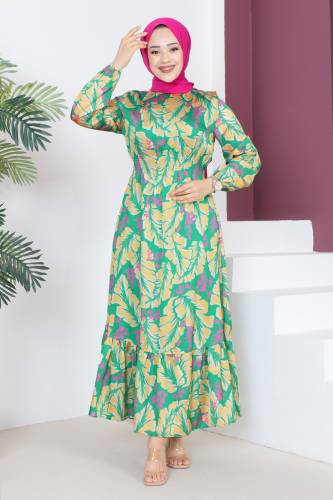 Yaprak Desenli Elbise TSD230610 Sarı - 1