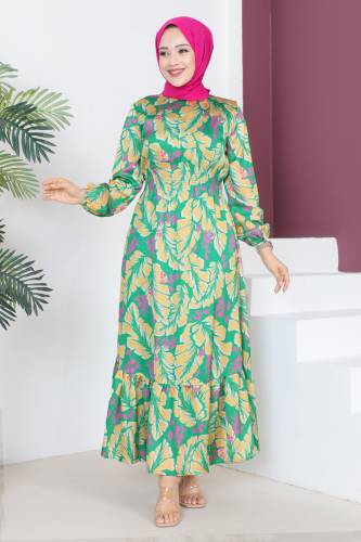 Yaprak Desenli Elbise TSD230610 Sarı - 3