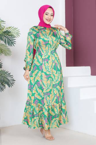 Yaprak Desenli Elbise TSD230610 Sarı - 4