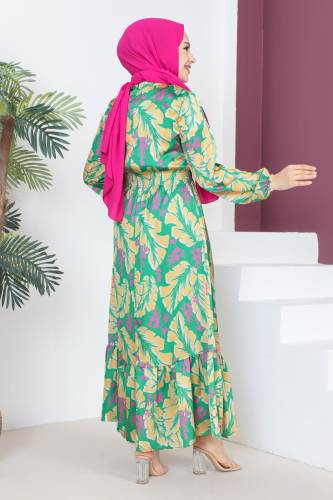 Yaprak Desenli Elbise TSD230610 Sarı - 5