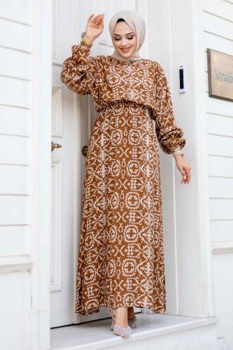 Yarasa Kol Beli Lastikli Desenli Viskon Elbise TSD240520 - Tesettür Dünyası
