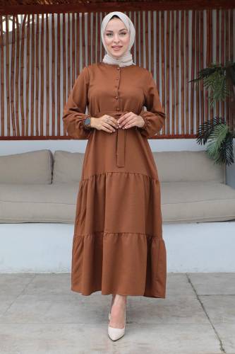 Yarım Düğmeli Eteği Volanlı Kuşaklı Elbise TSD240254 Kahverengi 