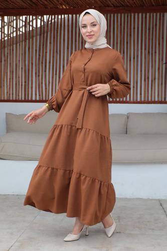 Yarım Düğmeli Eteği Volanlı Kuşaklı Elbise TSD240254 Kahverengi - 2