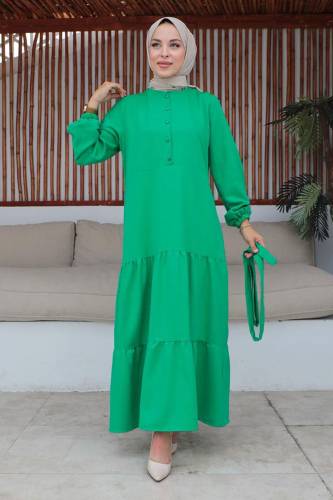 Yarım Düğmeli Eteği Volanlı Kuşaklı Elbise TSD240254 Yeşil - 3