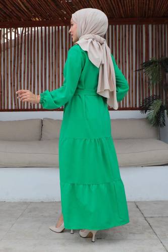 Yarım Düğmeli Eteği Volanlı Kuşaklı Elbise TSD240254 Yeşil - 4
